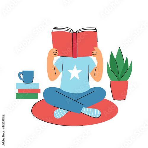 Flat vector illustration of cartoon man reading at home. Book lover, literature fan, introvert person, education in meditation pose.  Minimalist art isolated on white background. 
