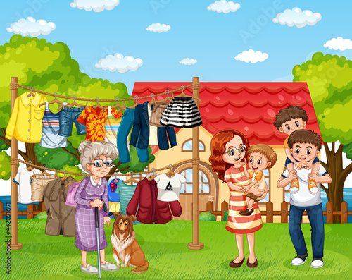 Happy family standing outside home with clothesline