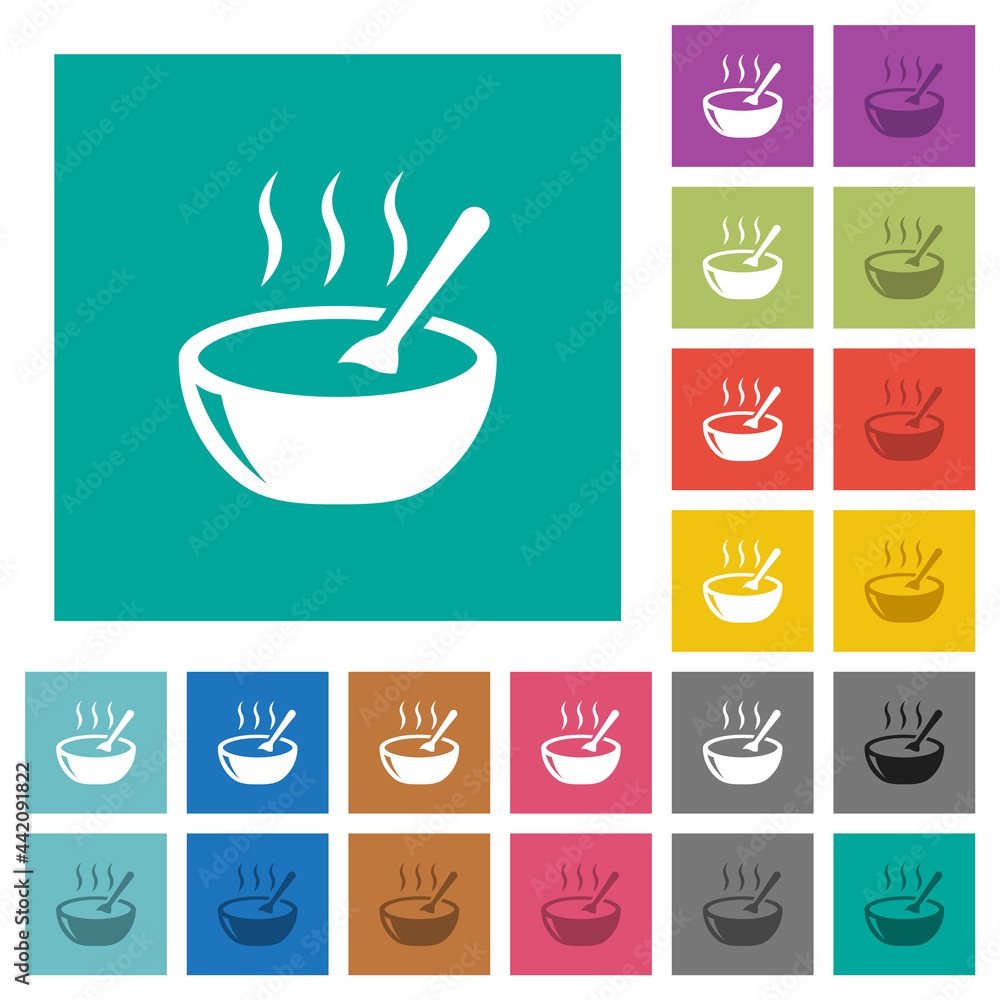 Glossy steaming bowl of soup with spoon square flat multi colored icons Glossy steaming bowl of soup with spoon square flat multi colored icons