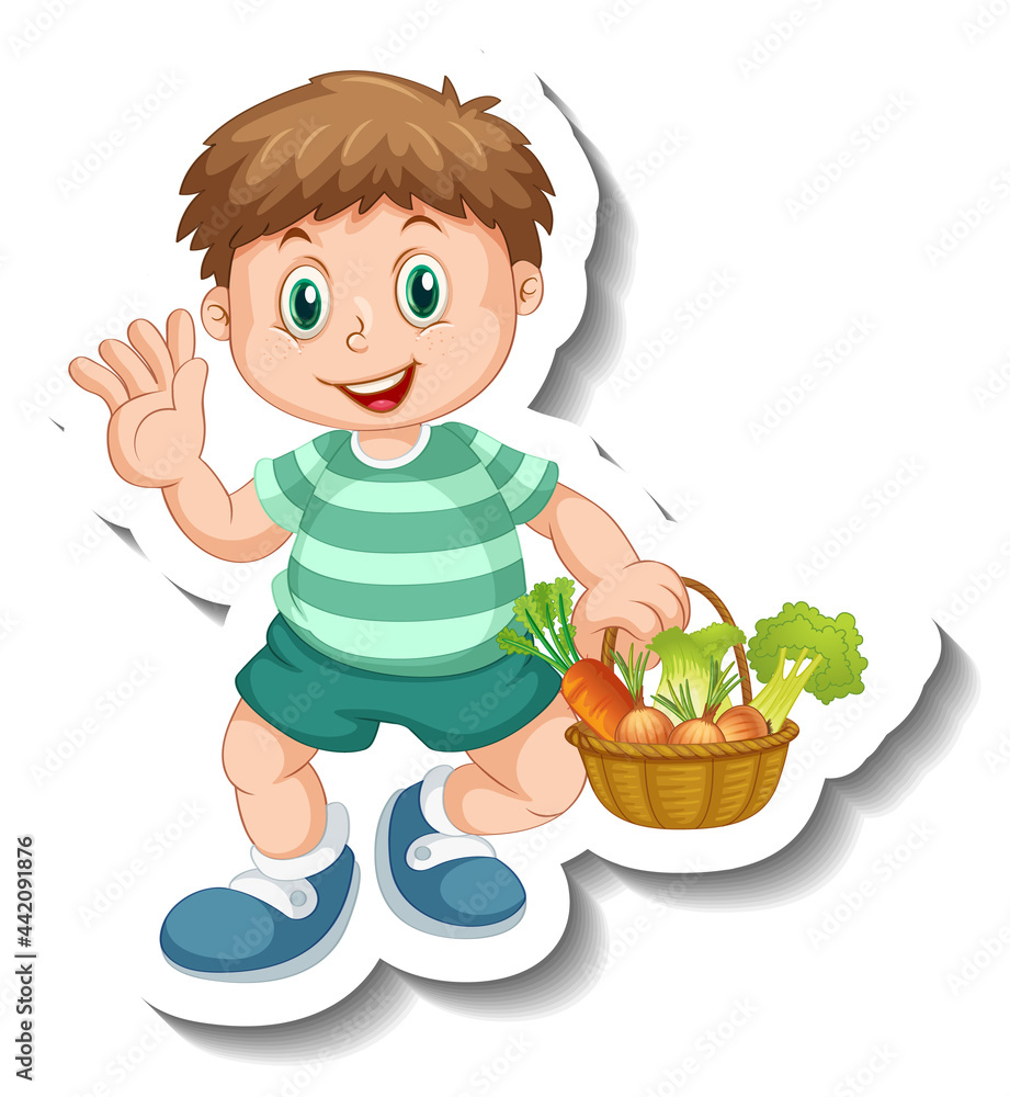 Sticker template with a boy holding vegetables basket isolated Sticker template with a boy holding vegetables basket isolated