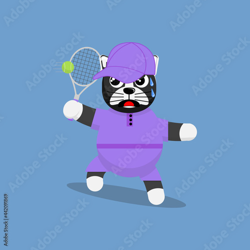 Illustration vector graphic cartoon of cute black dog trying to hit a ball in tennis match. Childish cartoon design suitable for product design of children s books  t-shirt etc