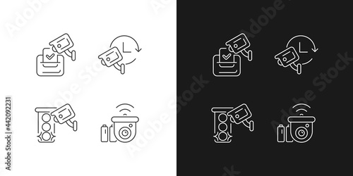 Surveillance system linear icons set for dark and light mode. Electoral fraud prevention. 24 hour monitoring. Customizable thin line symbols. Isolated vector outline illustrations. Editable stroke