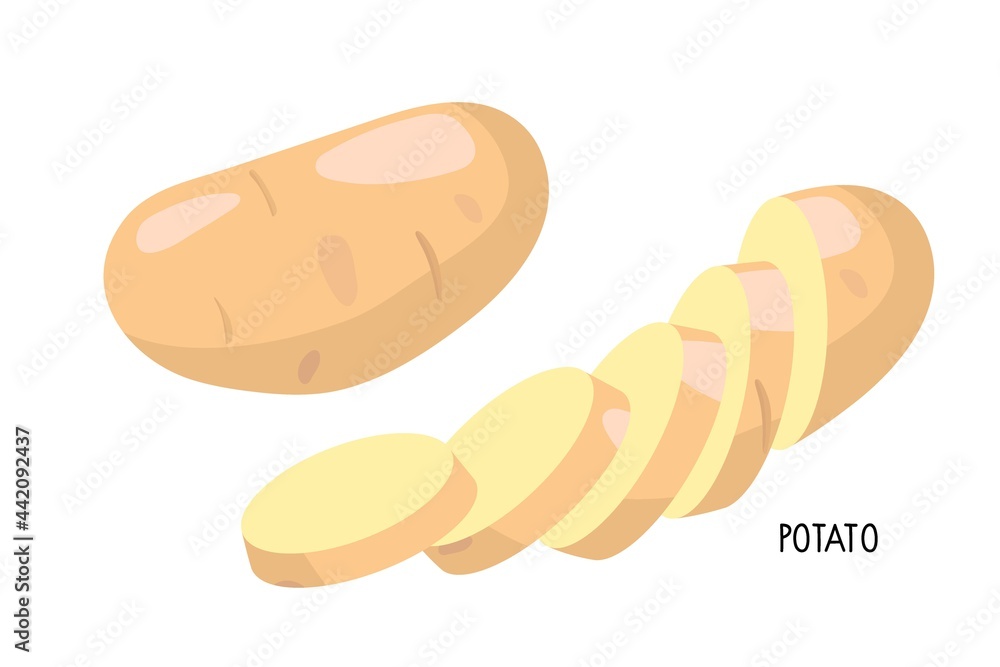 Potato. Chopped and Whole Root. Vector icon vegetable white potato. Agricultural market product. Foodstuff from grocery store. For logo, menu, farmers market, kitchen print, label, recipe design Potato. Chopped and Whole Root. Vector icon vegetable white potato. Agricultural market product. Foodstuff from grocery store. For logo, menu, farmers market, kitchen print, label, recipe design