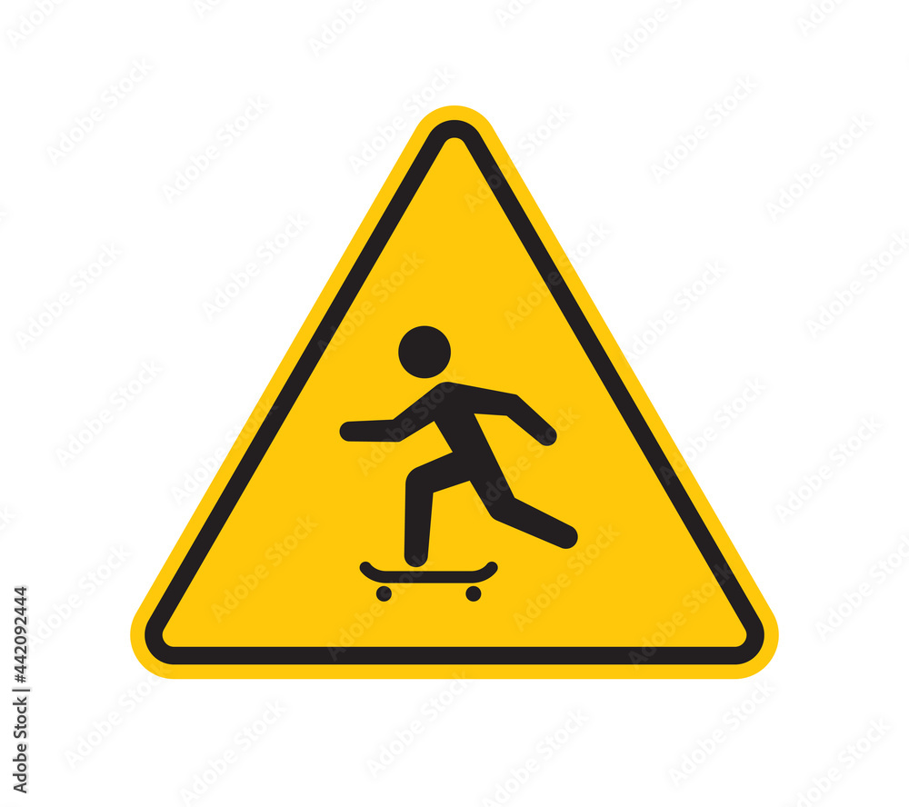 Vector yellow triangle sign - black silhouette symbol skateboarder. Isolated on white background. Vector yellow triangle sign - black silhouette symbol skateboarder. Isolated on white background.