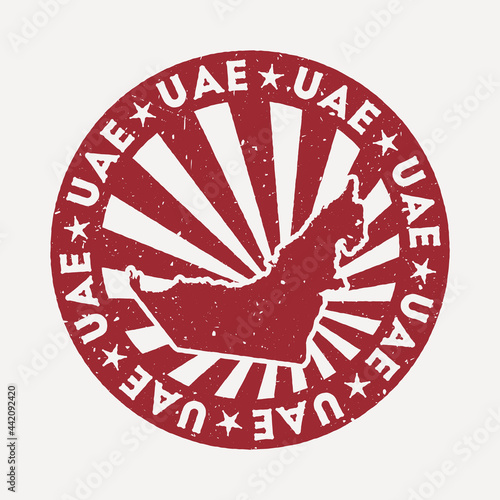 UAE stamp. Travel red rubber stamp with the map of country, vector illustration. Can be used as insignia, logotype, label, sticker or badge of the UAE.