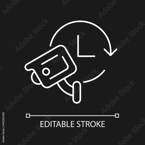 24 7 protection with security video system white linear icon for dark theme. 24 hour monitoring. Thin line customizable illustration. Isolated vector contour symbol for night mode. Editable stroke