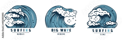 Wave with foam for surfing hawaii print. Wavy sea or ocean for nautical t-shirt design. Logo of summer marine tide