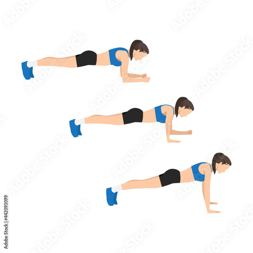 Woman doing Plank walk up exercise. Flat vector illustration isolated on white background