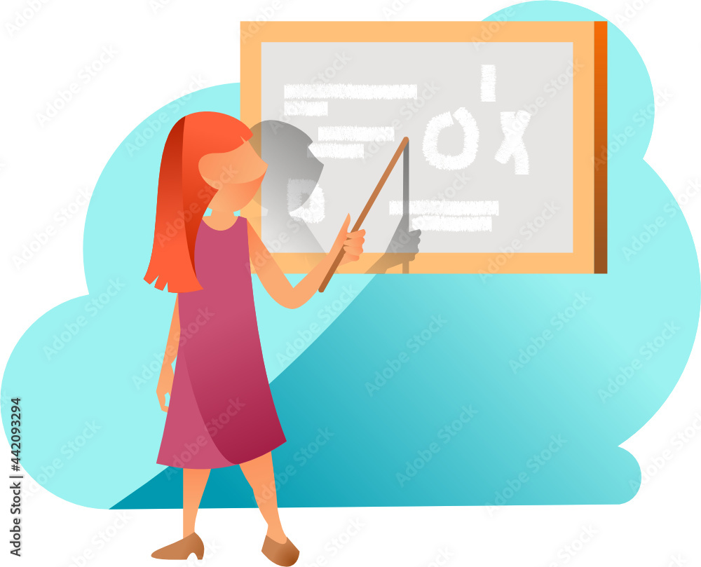 Teacher pointing at blackboard or chalkboard isolated vector graphic icon illustration or clipart Teacher pointing at blackboard or chalkboard isolated vector graphic icon illustration or clipart