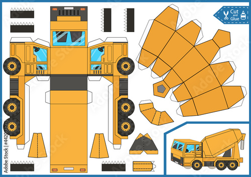 Fototapeta Naklejka Na Ścianę i Meble -  Cut and glue the 3d concrete-mixer. Kids game and activity page. Diy a paper toy. Worksheet with education riddle. Birthday party decor with construction vehicles.