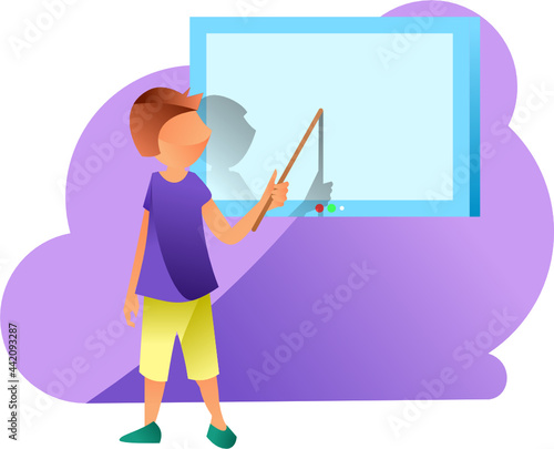 Teacher pointing at digital school board isolated vector graphic icon illustration or clipart 