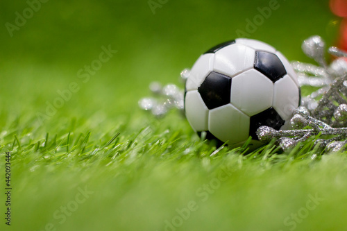 Soccer ball is on green grass for Christmas Holiday 