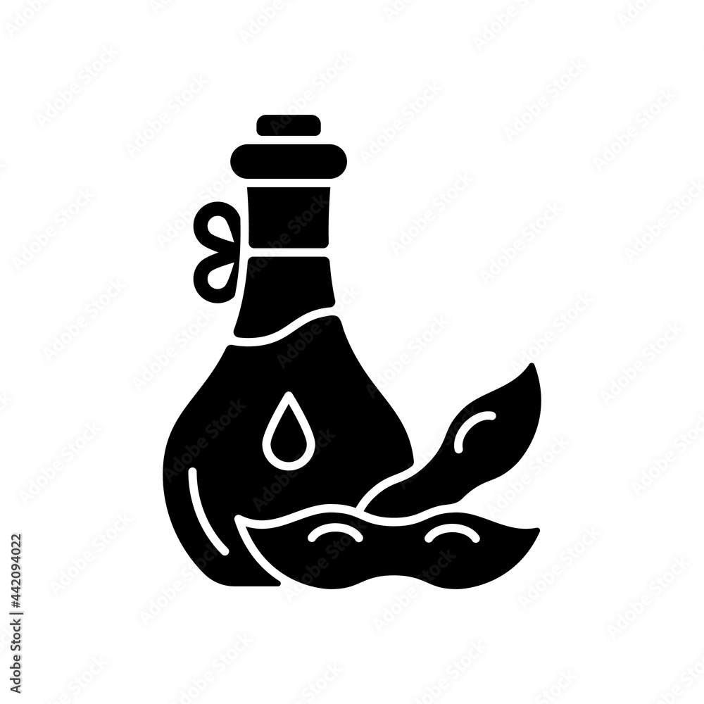 Soybean oil black glyph icon. Vegetable based ingredients. Healthy meals preparation. Natural liquid for making salads. Vegan foods. Silhouette symbol on white space. Vector isolated illustration Soybean oil black glyph icon. Vegetable based ingredients. Healthy meals preparation. Natural liquid for making salads. Vegan foods. Silhouette symbol on white space. Vector isolated illustration