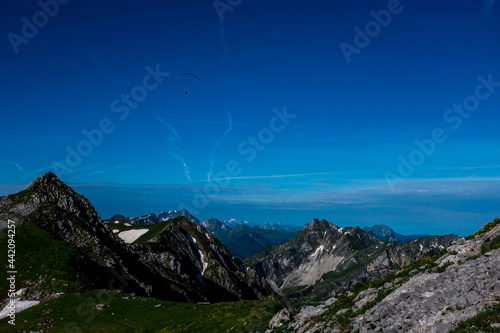 Landscape view of the swiss Alps, with blue sky in the background, shot from the 