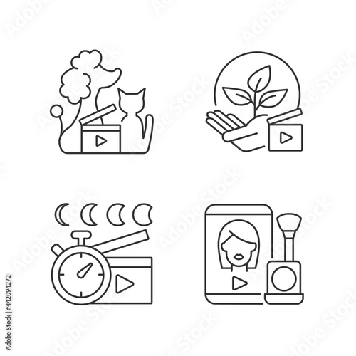 Video online linear icons set. Pet animal footage. Environmental awareness. Time lapse shooting. Customizable thin line contour symbols. Isolated vector outline illustrations. Editable stroke