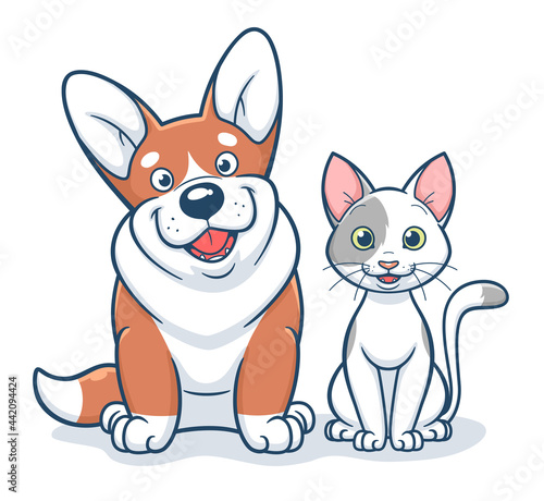 Cartoon cute pets cat and dog. 
Cute cartoon cat and corgi dog. Vector illustration. 