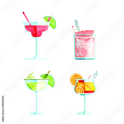 Vector Illustration Set of Glasses of Cosmopolitan Cocktail, Grapefruit Gin Cocktail, Margarita Cocktail, Tequila Sunrise Cocktail on isolated background. Flat Concept. Bar Menu Design.