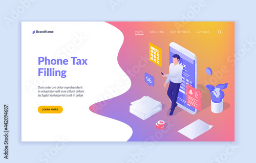 Mobile application for submitting documentation. Businessman fills tax return in smartphone. Electronic programs for business reports. Online bookkeeping service. Vector home page isometric template