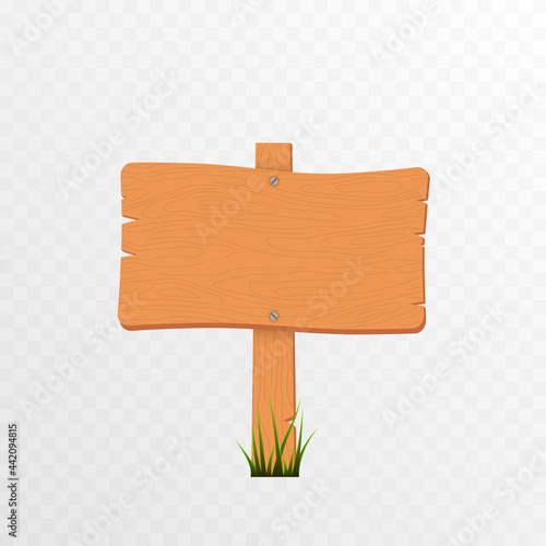 Cartoon wooden signpost sign on green grass. Wooden signpost, sign on isolated transparent background. PNG.
