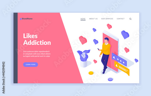 Online addiction to likes. Social dependence for web approval and positive messages. Psychological problems global digitalization. Reliance from social networks. Vector isometric home page template