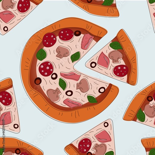 Pattern with pizza and separate pizza slices in a hand-drawn style on a bare background.