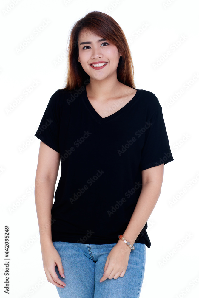 beautiful cutout portrait of young healthy woman on black casual shirt standing with kidding smile on her pretty face and pose with positive gesture beautiful cutout portrait of young healthy woman on black casual shirt standing with kidding smile on her pretty face and pose with positive gesture