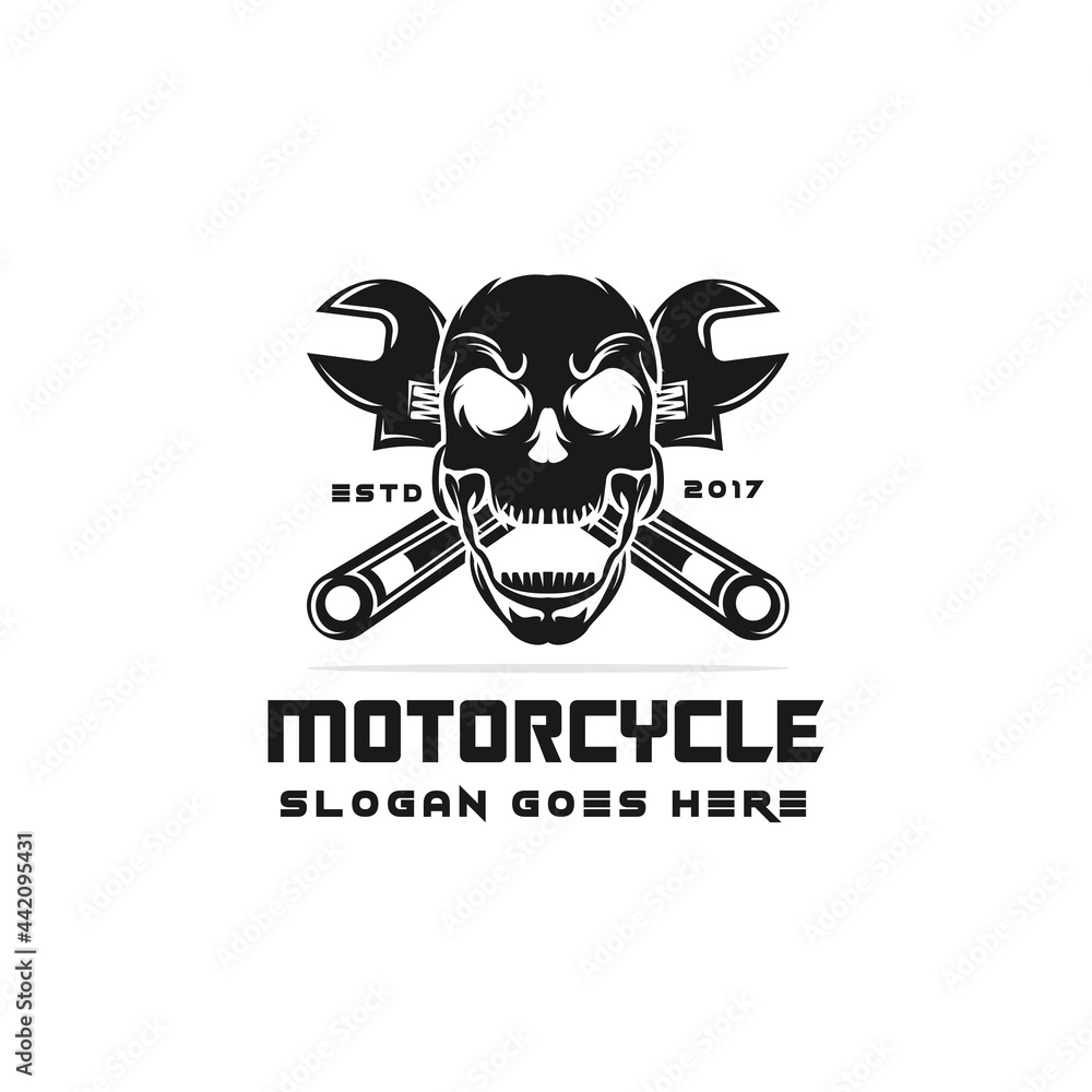 skull and wrench logo monochrome for motorcycle logo,vector template,icon symbol vintage logo