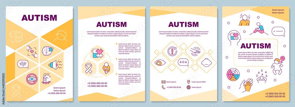 Autism brochure template. Behavior and communicational problems. Flyer, booklet, leaflet print, cover design with linear icons. Vector layouts for presentation, annual reports, advertisement pages