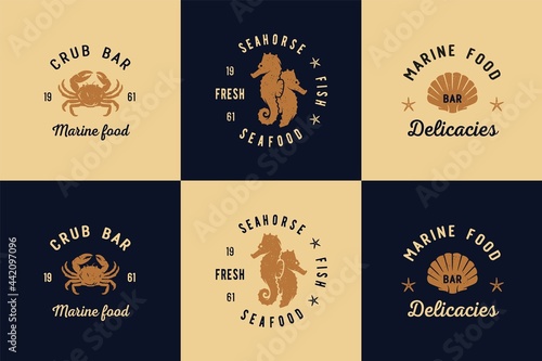 Seafood for logo. Marine delicacy and fresh fish. Nautical wanderlust and adventure for print. Ocean explorer