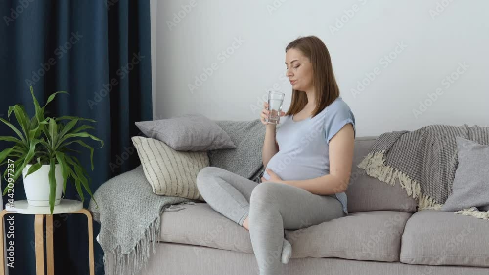 A pregnant woman in home clothes sits on the couch and drinks clean water. Third trimester of pregnancy. Health of a pregnant woman and her baby A pregnant woman in home clothes sits on the couch and drinks clean water. Third trimester of pregnancy. Health of a pregnant woman and her baby