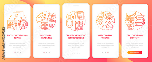 Shareable content creation tips onboarding mobile app page screen. Viral headlines walkthrough 5 steps graphic instructions with concepts. UI, UX, GUI vector template with linear color illustrations