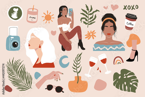 Abstract women silhouettes and objects. Minimalist set for social media feed content contemporary style. Vector illustration