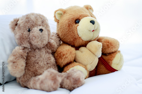 Romantic and delight atmosphere in bedroom set by concept of two brown lovely fluffy teddy bear toys creatively placed nearby as sweet friend acting funny play © Bangkok Click Studio