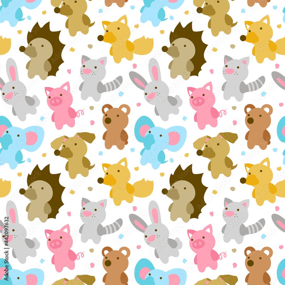 Obraz premium Animal seamless pattern cute fox cat dog hedgehog pig bunny bear elephant zoo flat illustration on white background