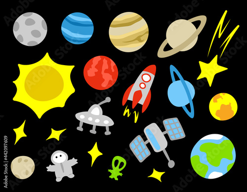 Space set cute planets stars spaceship alien ufo astronaut satellite cartoon illustrations