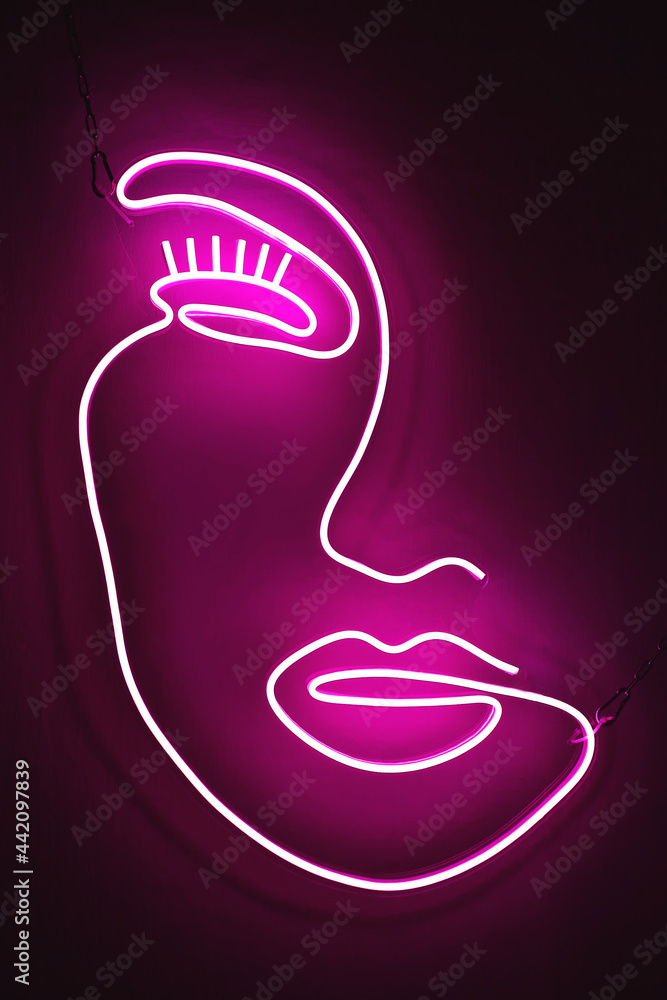 Pink neon sign beauty face. Trendy style. Neon sign. Custom neon. Home decor. - obrazy, fototapety, plakaty 