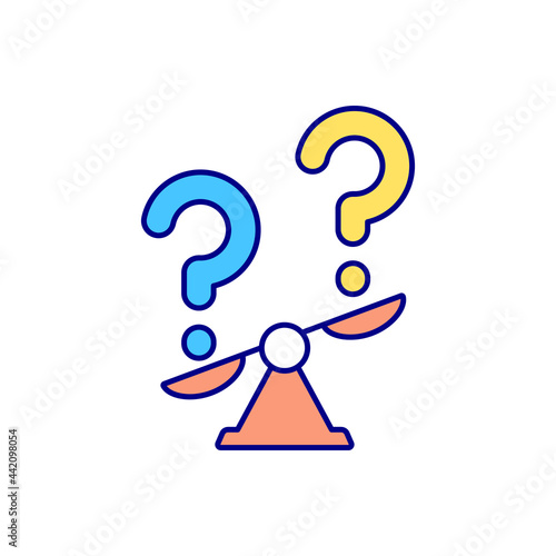 Decision making process RGB color icon. Weighing different options. Isolated vector illustration. Right decision choosing. Identifying alternatives. Considering consequences simple filled line drawing