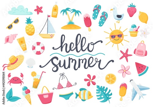 Summer set with lettering and cute beach elements bikini, flip flops, fruits, flowers, palm trees. Hand drawn flat cartoon elements. Vector illustration