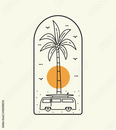 beach view with palm trees and car surfboard in mono line art, patch badge design, emblem design, T-Shirt Design