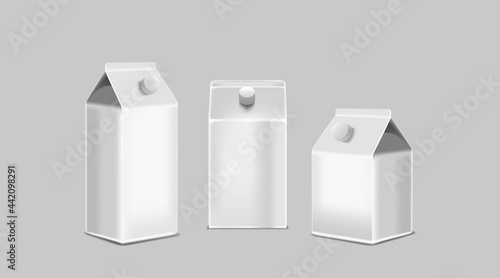 Juice or Milk blank white carton boxes packages on isolated white background.