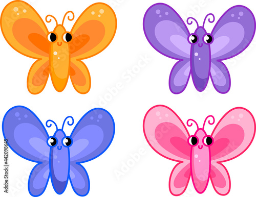 Cute vector flat butterflies set characters in cartoon nursery childish style. 