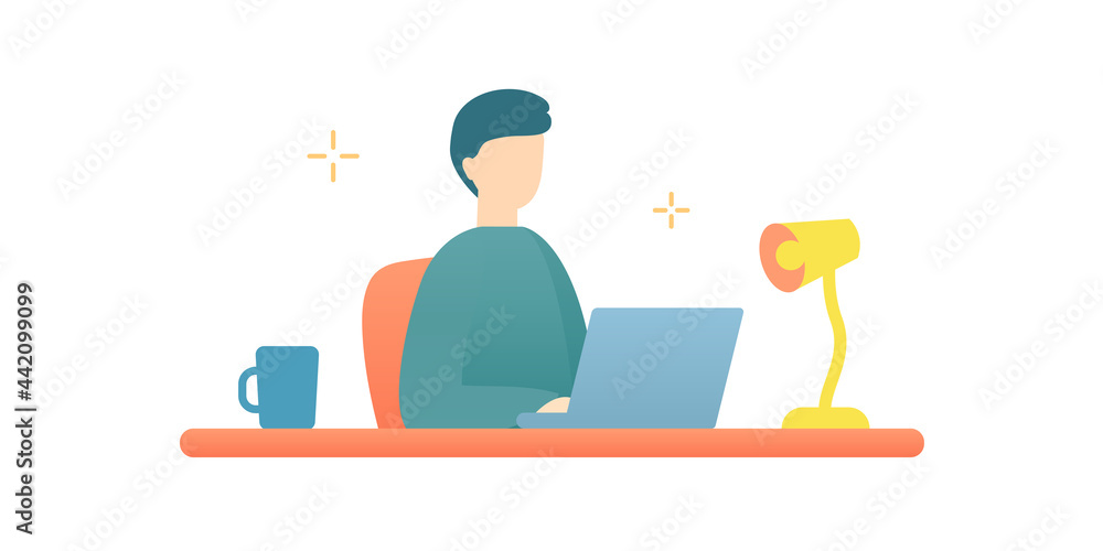 デスクワーク中の男性のイラスト 仕事 デスク 人物 パソコン ビジネス 働く シンプル 座る Stock Vektorgrafik Adobe Stock