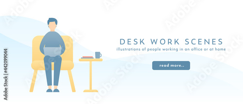 ソファで仕事をする男性のイラスト　人物　仕事　ビジネス　ノートパソコン　リモートワーク　テレワーク