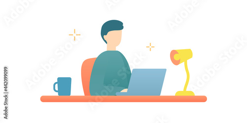 デスクワーク中の男性のイラスト　仕事　デスク　人物　パソコン　ビジネス　働く　シンプル　座る