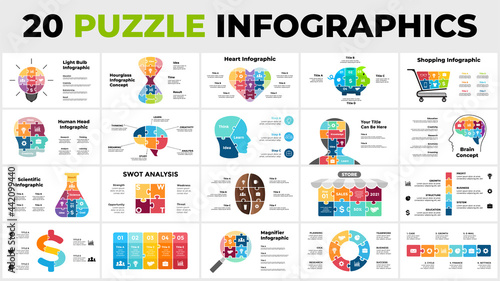 20 puzzle infographics pack. Perfect for education, science or medicine, business and finance. Includes light bulb, dollar, heart, hourglass, head, brain illustrations. Vector slide templates. 