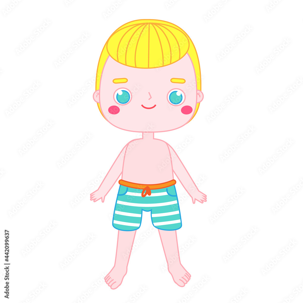 Boy kid in swimming trunks. beach summertime vacation child