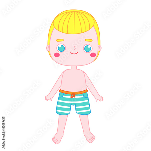 Boy kid in swimming trunks. beach summertime vacation child