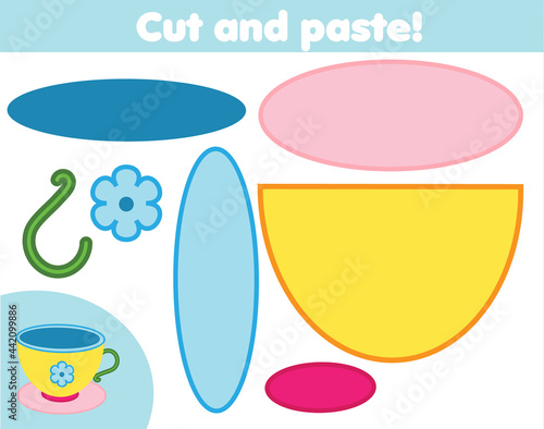 Cut and paste children educational game. Paper cutting activity. Make a tea cup with glue and scissors. DIY worksheet