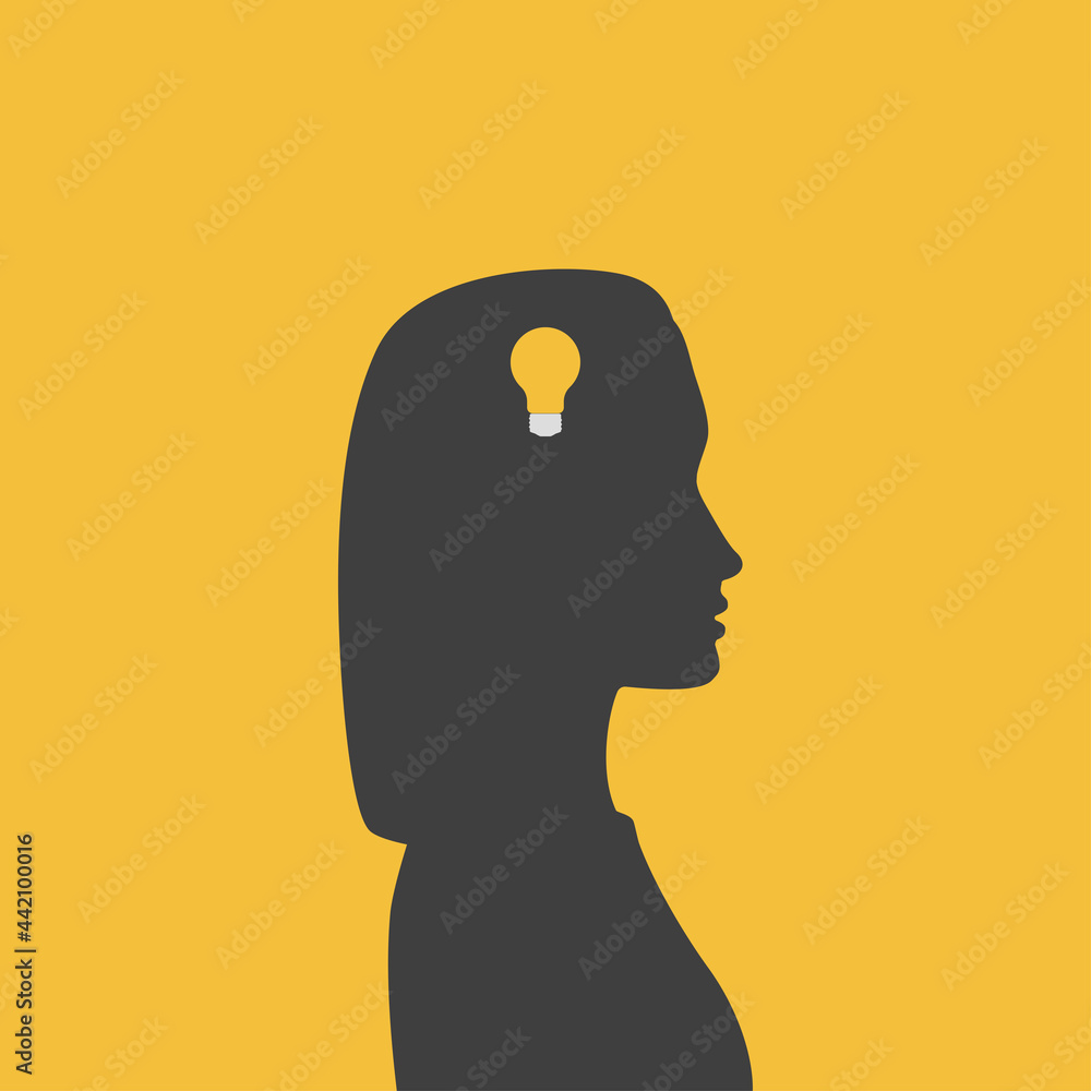 Silhouette profile of woman with lamp bubble in her head - metaphor of new idea. Poster of effective brainstorm, creative thinking and idea generation. Silhouette profile of woman with lamp bubble in her head - metaphor of new idea. Poster of effective brainstorm, creative thinking and idea generation.