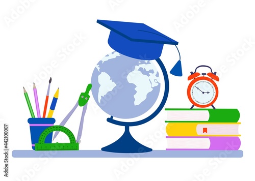 School supplies design. Books, chancellaria, globe. Vector fleet illustration.
